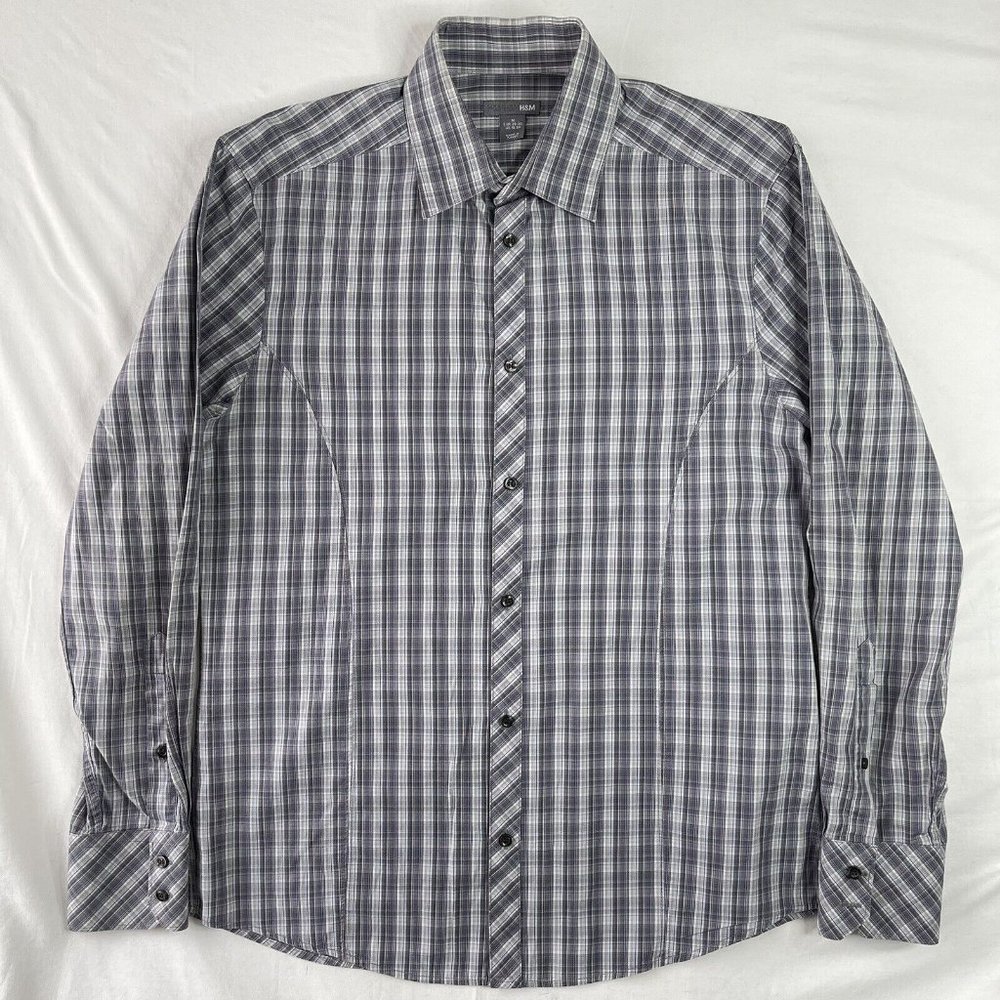 H&M Fitted Gray Check Dress Shirt Men's Size 15 33/34 All Cotton Notched Cuff